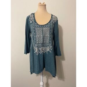 JWLA Johnny Was Teal Blue Embroidered Tunic Top Womens Casual Boho  Large